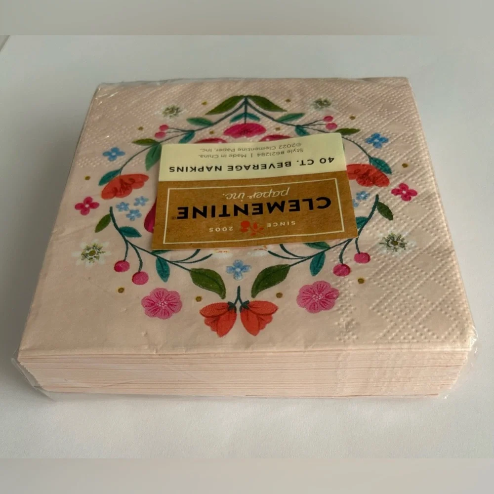 New 40 Pink Paper Beverage Napkins Clementine Butterflies Flowers Leaves